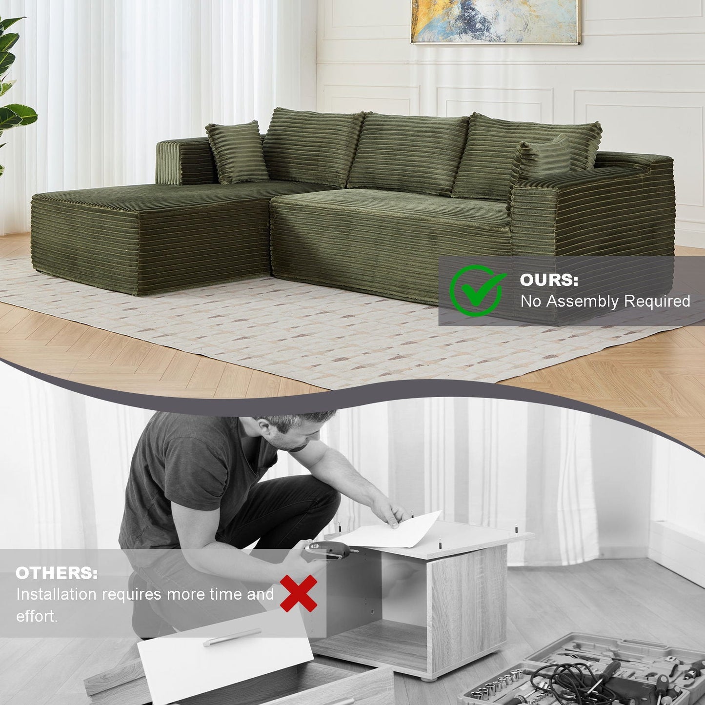 Compression Sectional Couch With Comfy Chaise, Boneless L Shape Sofa With Deep Seat