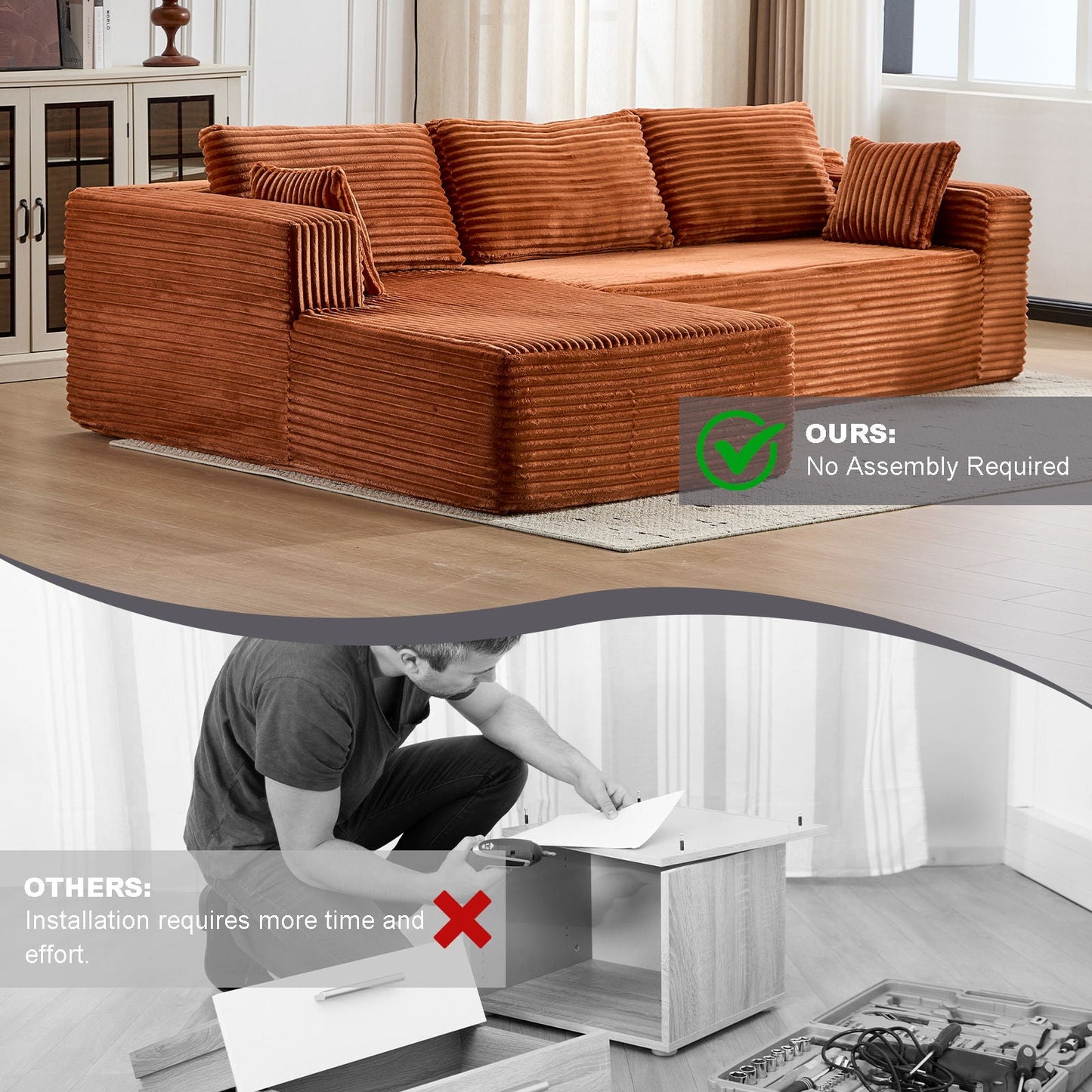 Compression Sectional Couch With Comfy Chaise, Boneless L Shape Sofa With Deep Seat
