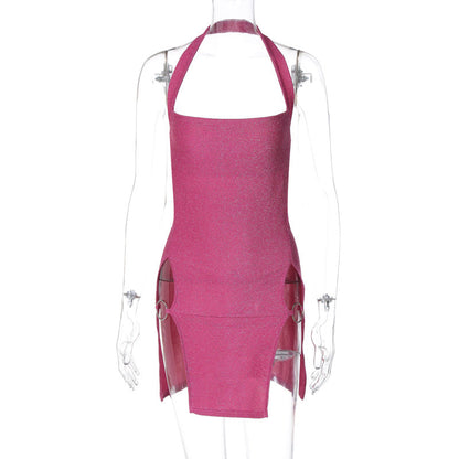 Sexy Sexy Halter Split Bright Silk Sheath Dress